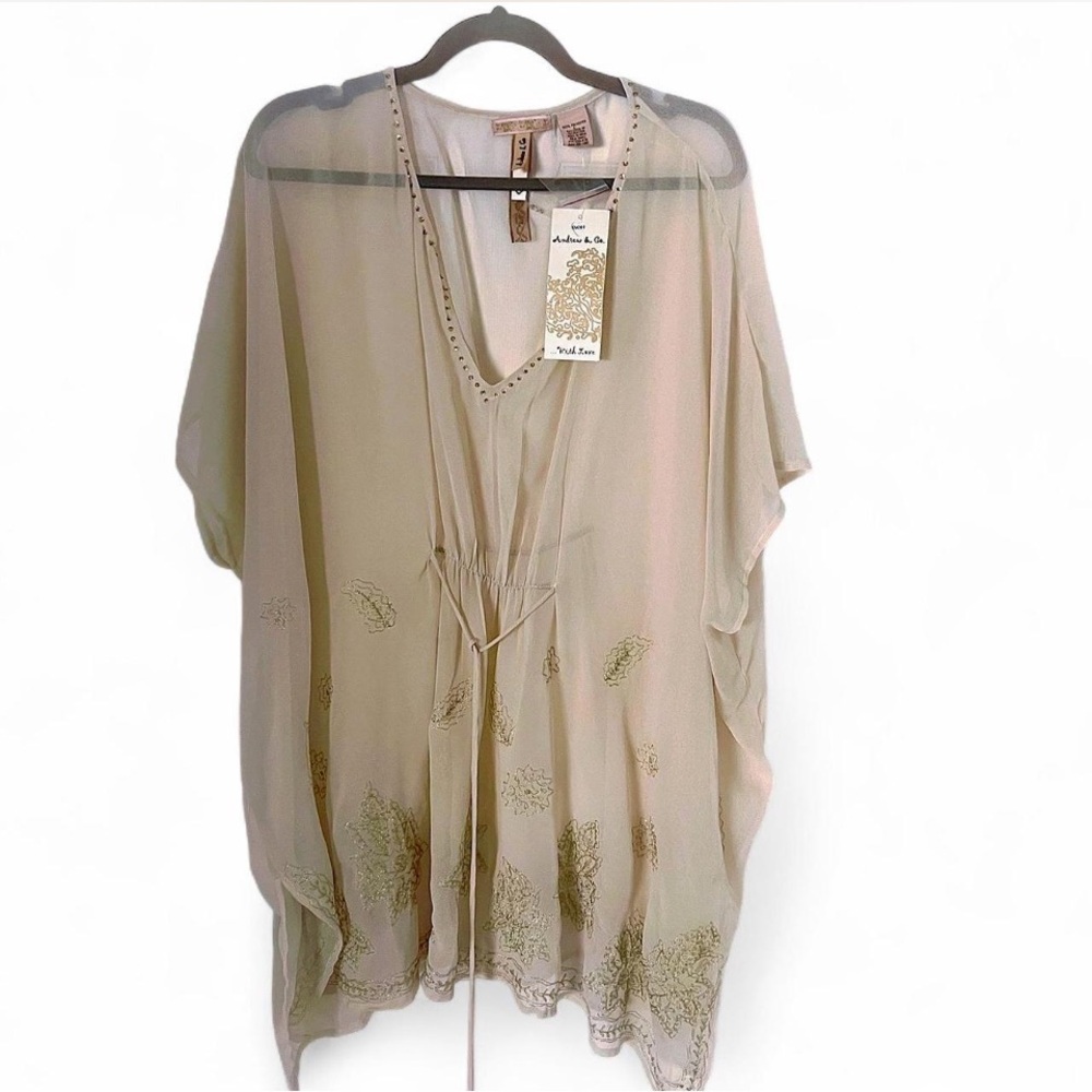 VTG Andrew & Co Cream Sheer Tunic Top with Gold Embroidery Size L oversized Y2K